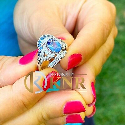 Pre-owned Halo 14k Solid White Gold Sapphire And Diamonds  Deco Design Ring And Band 2.00ct In Blue