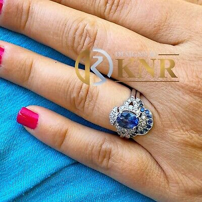 Pre-owned Halo 14k Solid White Gold Sapphire And Diamonds  Deco Design Ring And Band 2.00ct In Blue