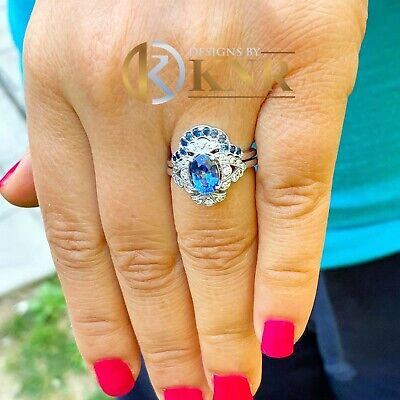 Pre-owned Halo 14k Solid White Gold Sapphire And Diamonds  Deco Design Ring And Band 2.00ct In Blue