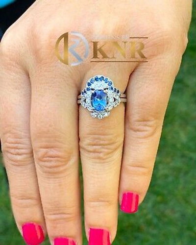 Pre-owned Halo 14k Solid White Gold Sapphire And Diamonds  Deco Design Ring And Band 2.00ct In Blue