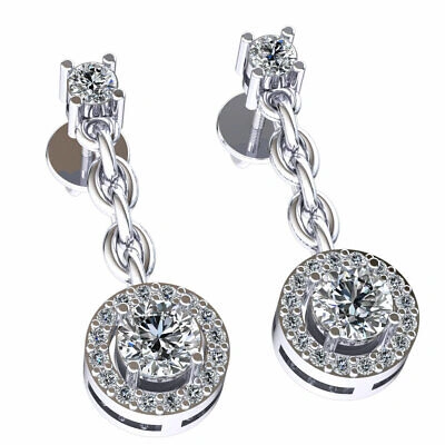 Pre-owned Jewelwesell Real 0.75carat Round Cut Diamond Ladies Halo Dangling Earrings 18k Gold