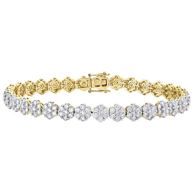 Pre-owned Jfl Diamonds & Timepieces 14k Yellow Gold 7.50mm Round Diamond Cluster Flower Frame 9" Bracelet 11.50 Ct. In White