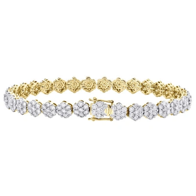 Pre-owned Jfl Diamonds & Timepieces 14k Yellow Gold 7.50mm Round Diamond Cluster Flower Frame 9" Bracelet 11.50 Ct. In White