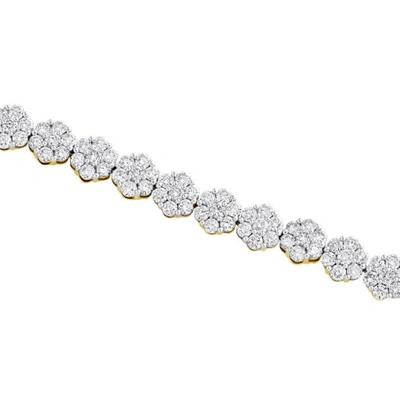 Pre-owned Jfl Diamonds & Timepieces 14k Yellow Gold 7.50mm Round Diamond Cluster Flower Frame 9" Bracelet 11.50 Ct. In White