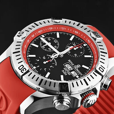 Pre-owned Revue Thommen Mens Air Speed Black Dial Red Strap Automatic Watch 16071.6636