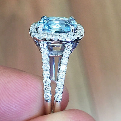 Pre-owned Knr 14k White Gold Cushion Cut Blue Topaz And Diamonds Engagement Ring Halo 4.70ctw