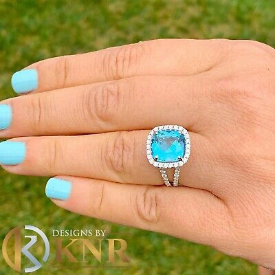 Pre-owned Knr 14k White Gold Cushion Cut Blue Topaz And Diamonds Engagement Ring Halo 4.70ctw