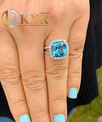 Pre-owned Knr 14k White Gold Cushion Cut Blue Topaz And Diamonds Engagement Ring Halo 4.70ctw