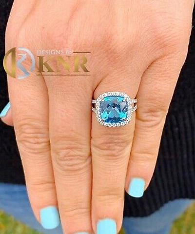 Pre-owned Knr 14k White Gold Cushion Cut Blue Topaz And Diamonds Engagement Ring Halo 4.70ctw