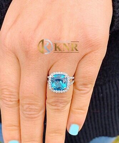 Pre-owned Knr 14k White Gold Cushion Cut Blue Topaz And Diamonds Engagement Ring Halo 4.70ctw