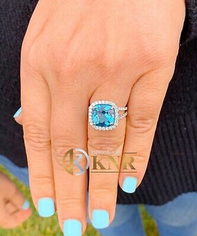 Pre-owned Knr 14k White Gold Cushion Cut Blue Topaz And Diamonds Engagement Ring Halo 4.70ctw