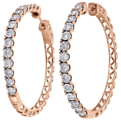 Pre-owned Jfl Diamonds & Timepieces 10k Rose Gold Real Diamond One Row Bezel Set 1.55" Hoops Huggie Earrings 1.50 Ct In White