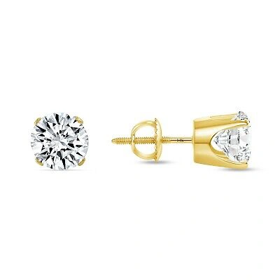 Pre-owned Shine Brite With A Diamond 2 Ct Round Lab Created Grown Diamond Earrings 14k Yellow Gold F/vs Crown Screw