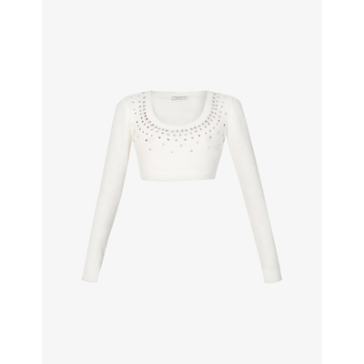 Shop Alessandra Rich Stud-embellished Cropped Mohair-blend Knitted Top In White