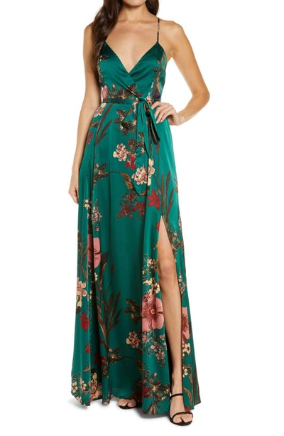 Shop Lulus Still The One Floral Faux Wrap Gown In Emerald Green