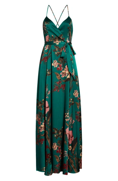 Shop Lulus Still The One Floral Faux Wrap Gown In Emerald Green