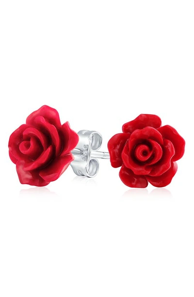Bling Jewelry 3d Rose Stud Earrings In Red