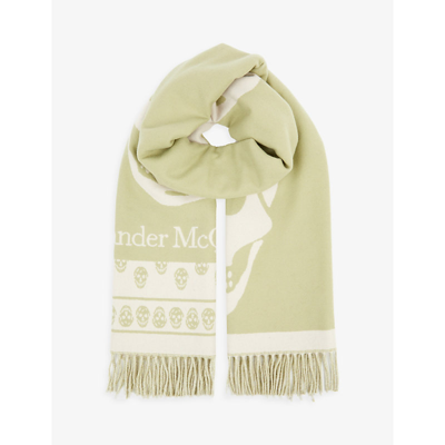 Shop Alexander Mcqueen Skull-print Branded Wool Scarf In Khaki Pink