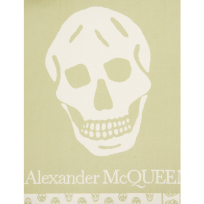 Alexander Mcqueen Skull-print Branded Wool Scarf In Khaki Pink