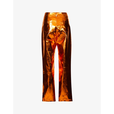 Shop Amy Lynn Women's Orange Lupe Metallic High-rise Straight-leg Faux-leather Trousers