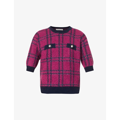 Shop Alessandra Rich Round-neck Tartan Mohair-blend Knitted Jumper In Cyclamen Blue