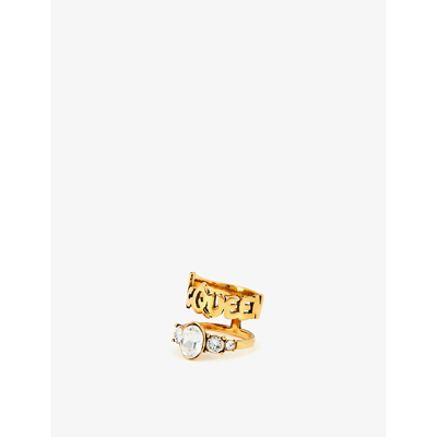 Shop Alexander Mcqueen Graffiti Double Brass And Crystals Ring In Gold Crystal