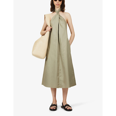 Shop Anine Bing Cosette Halterneck Cotton-poplin Midi Dress In Khaki