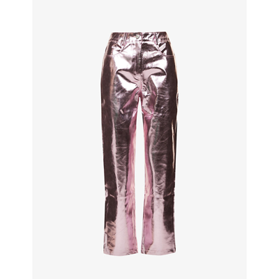 Shop Amy Lynn Women's Light Pink Lupe Metallic High-rise Straight-leg Faux-leather Trousers