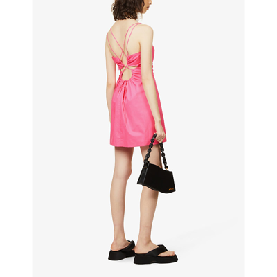 Frame Open-back Ruched Cotton-blend Mini Dress In Hot Pink