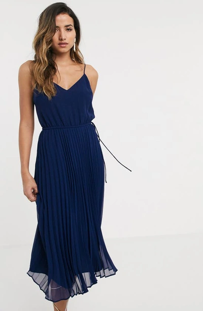 Shop Asos Design Pleated Chiffon Midi Dress In Navy