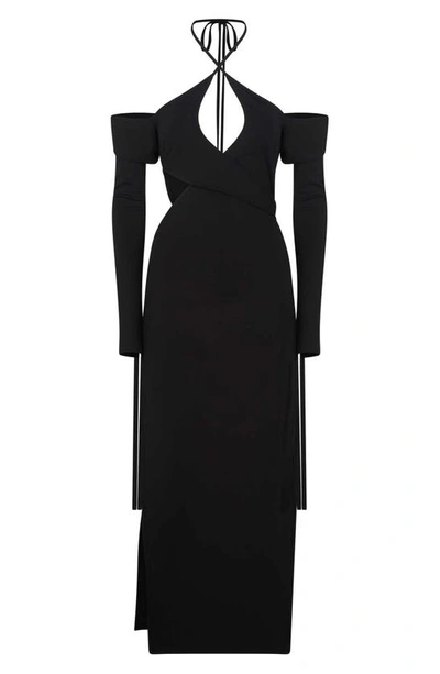 Shop Attico Greta Tie Neck Cutout Long Sleeve Midi Dress In Black