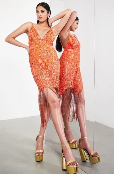 Shop Asos Design Sequin Midi Slipdress In Orange
