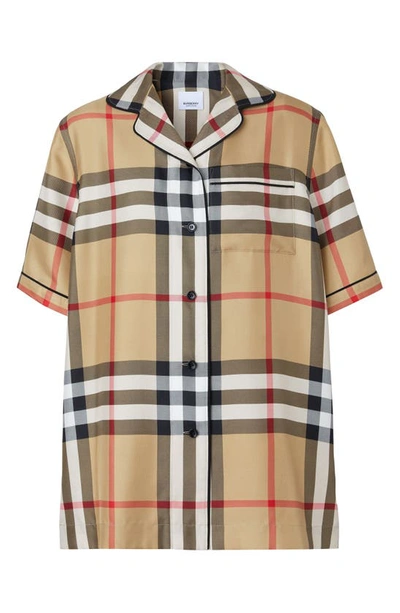 Shop Burberry Tierney Check Silk Camp Shirt In Archive Beige Ip Chk