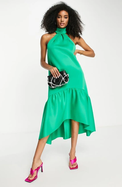 Asos Design Trapeze Halter Midi Dress In Mid Green