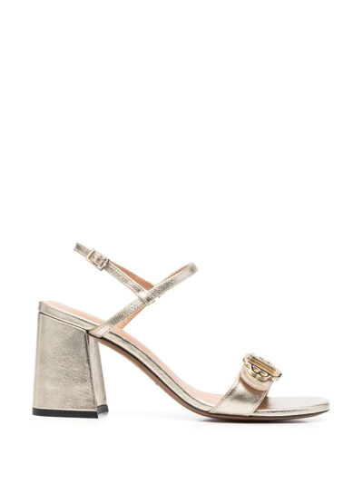 Shop Maje 90mm Logo-plaque Block-heel Sandals In Gold