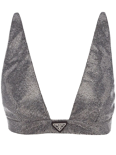Shop Prada Triangle-logo Embellished Bralette In Silver