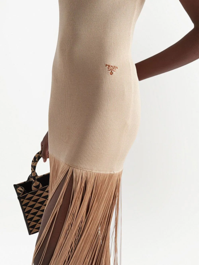 Shop Prada Fringed Knit Dress In Neutrals