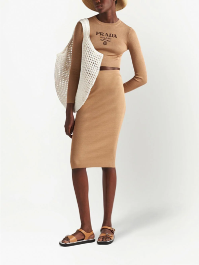 Prada Logo-intarsia Rib Cropped Silk Sweater In Brown