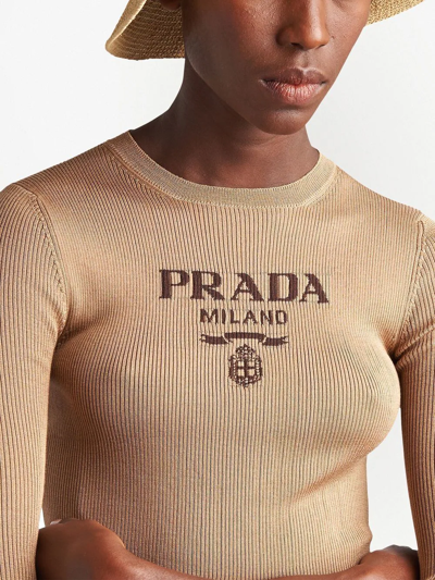 Prada Logo-intarsia Rib Cropped Silk Sweater In Brown