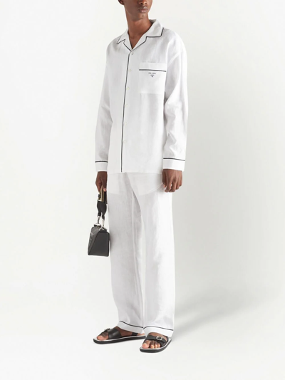 Shop Prada Pipe-trim Linen Shirt In White