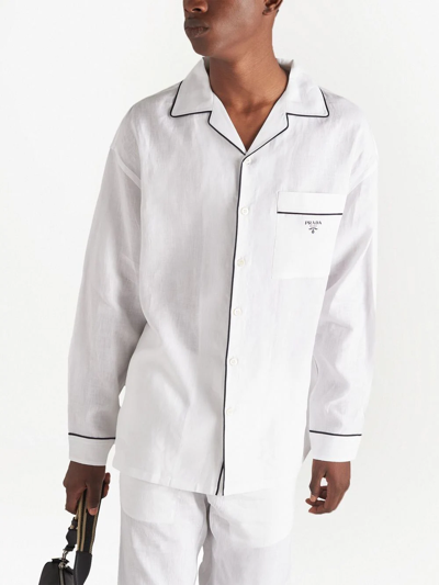 Shop Prada Pipe-trim Linen Shirt In White