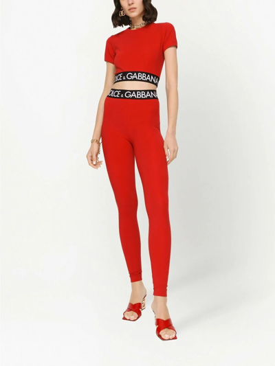 Shop Dolce & Gabbana Logo-waist Leggings In Red