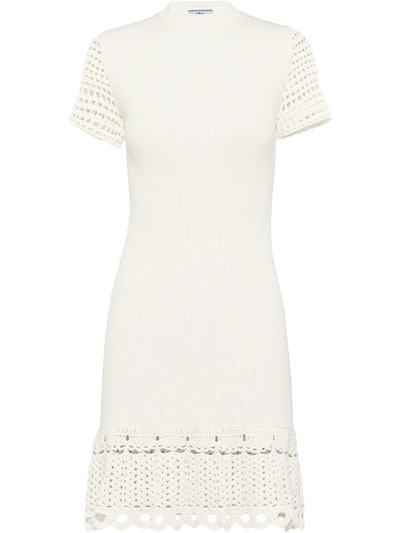 Shop Prada Crochet Cotton Mini Dress In Nude