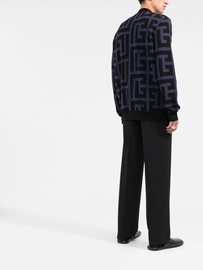 Shop Balmain Monogram-print V-neck Cardigan In Blau