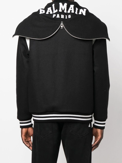 Shop Balmain Hooded Wool Varsity Jacket In Black