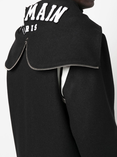 Shop Balmain Hooded Wool Varsity Jacket In Black