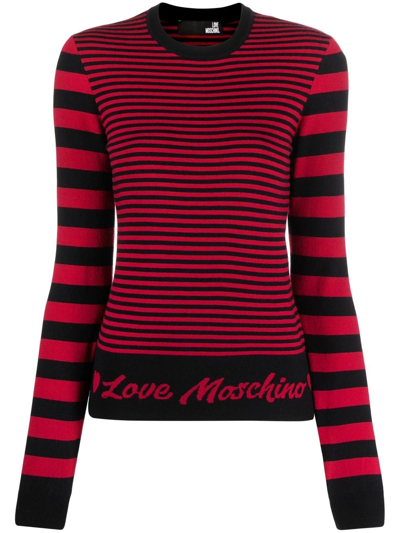 Shop Love Moschino Intarsia-logo Striped Jumper In Pink
