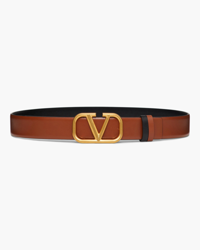 Shop Valentino Reversible Vlogo Signature Glossy Calfskin Belt In Black/saddle