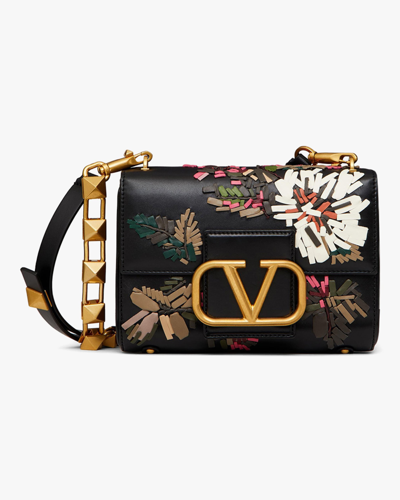Shop Valentino Stud Sign Embroidered Floral Shoulder Bag In Black/cinnamon Rose/ivory