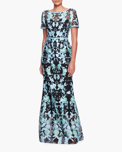 Shop Marchesa Notte Short-sleeve Embroidered Tulle Gown In Black